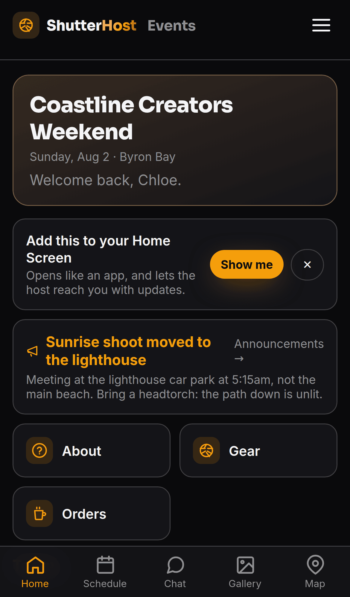 The attendee's home screen